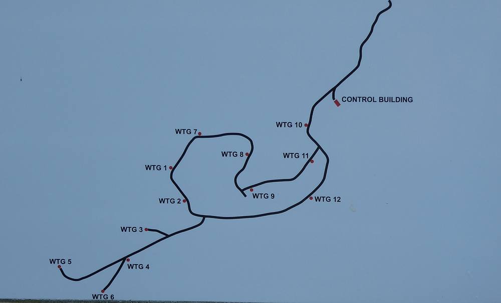 Map at Crossing entrance on Waterside to Deadwaters road showing location of turbines